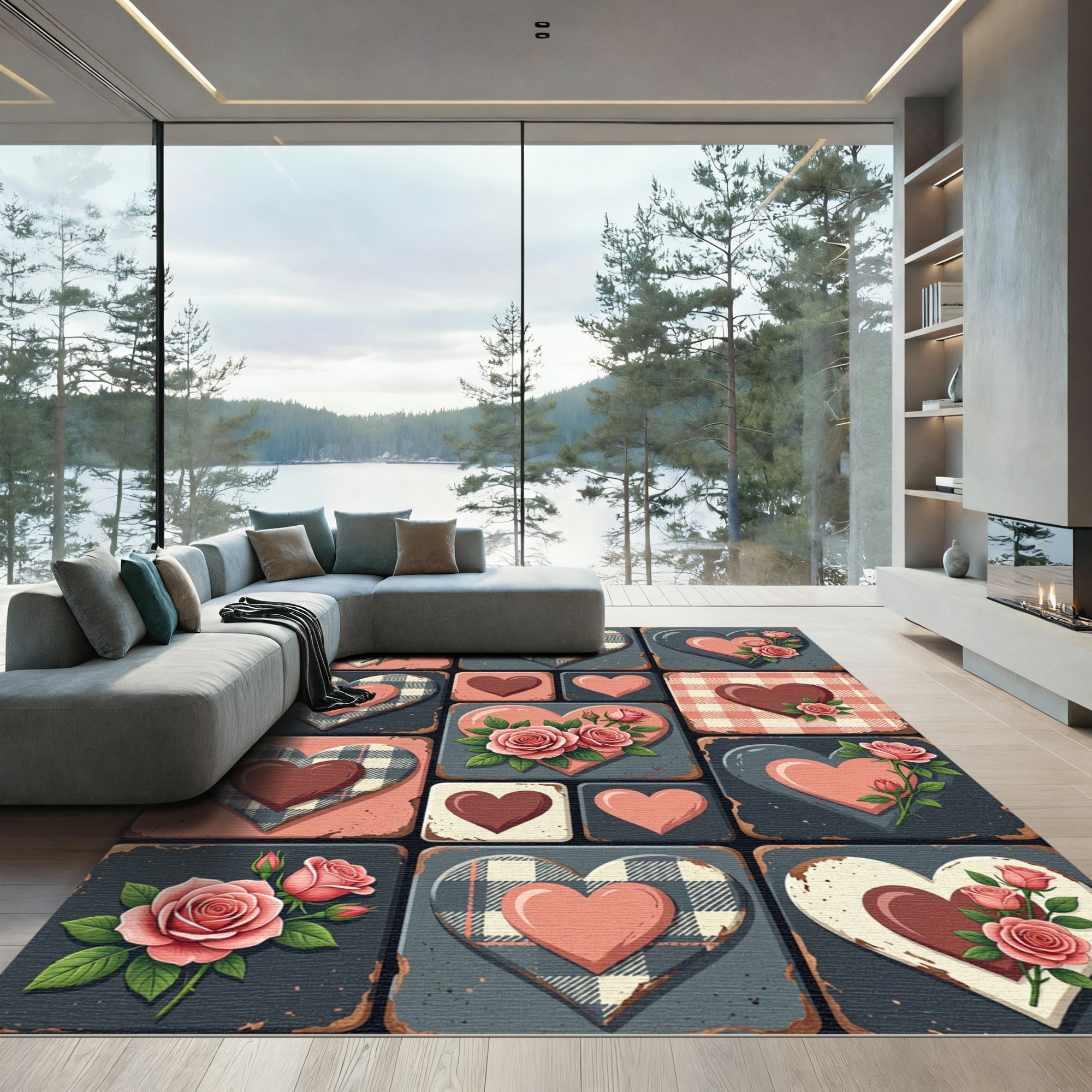 Valentine Rose Plaid Heart Collage Rug