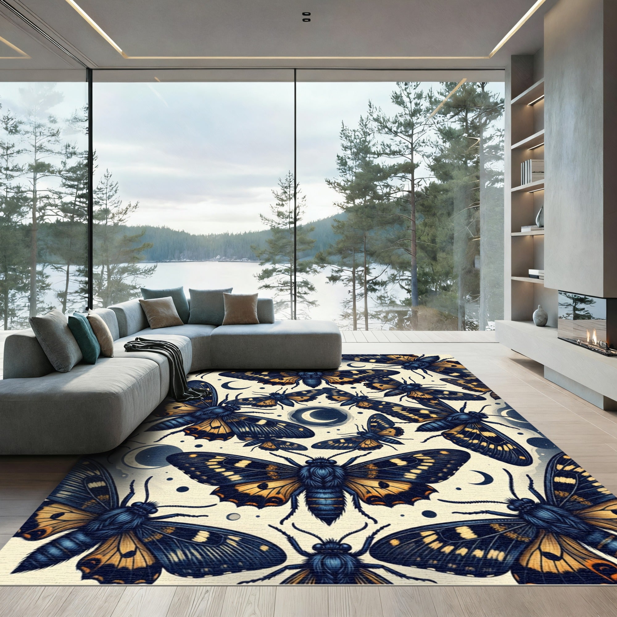 Celestial Midnight Moth Lunar Art Rug
