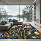 Elegant Golden Tulip Trellis Blue Floral Rug