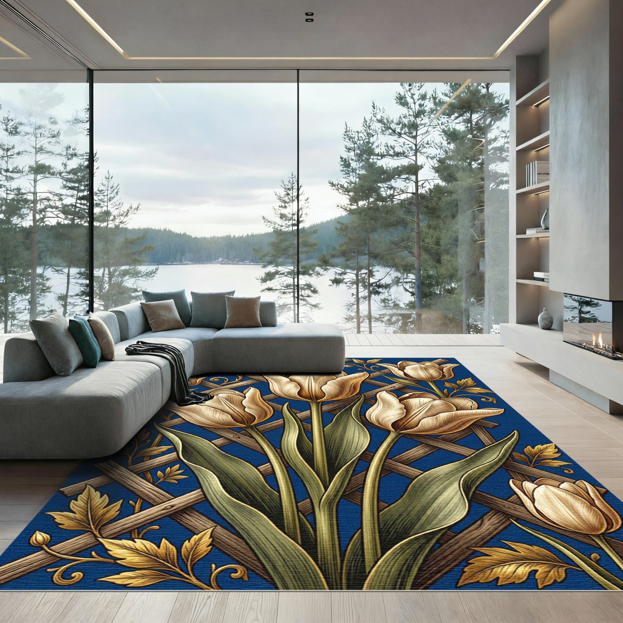 Elegant Golden Tulip Trellis Blue Floral Rug
