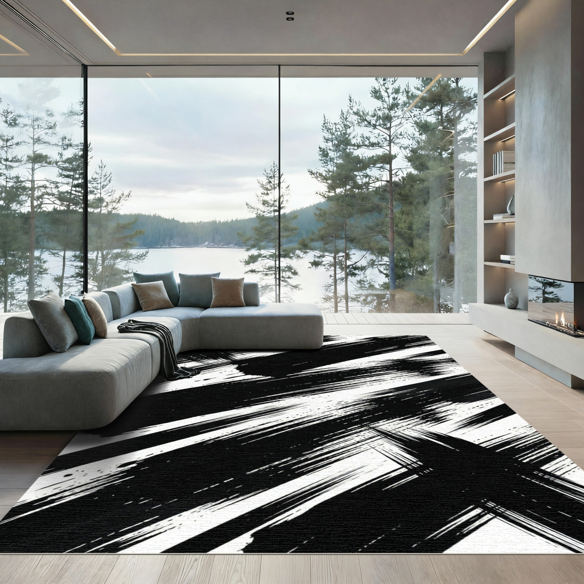 Bold Black and White Abstract Brushstroke Rug