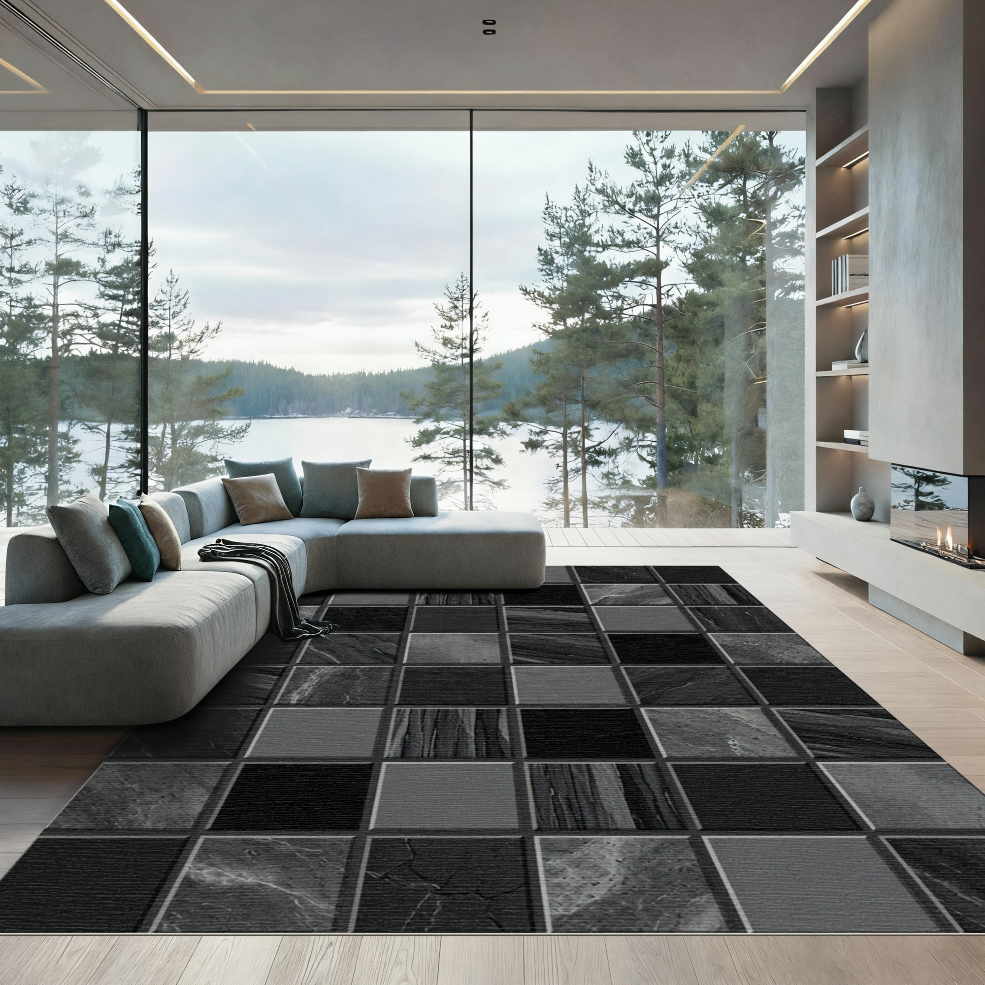 Monochrome Geometric Square Mosaic Abstract Rug
