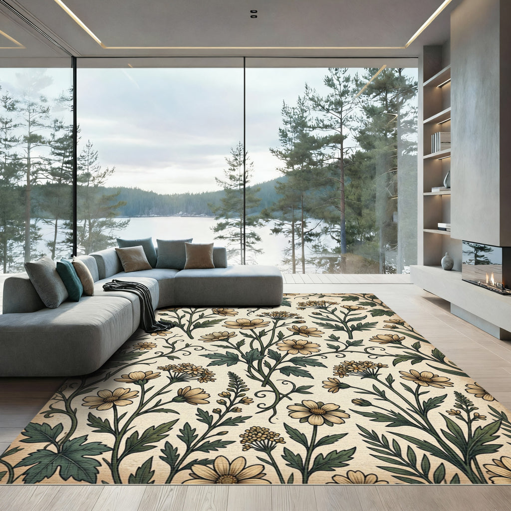 Vintage Cream Floral Botanical Meadow Rug