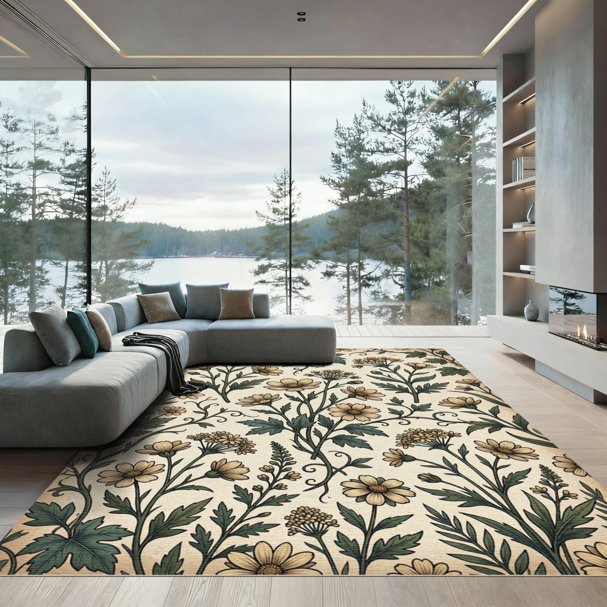 Vintage Cream Floral Botanical Meadow Rug