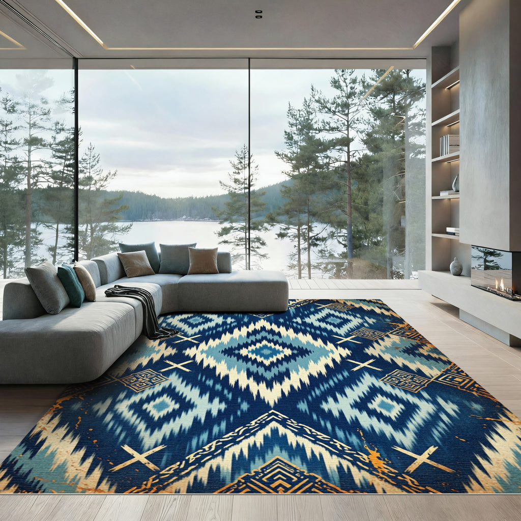 Grand Indigo Geometric Ikat Diamond Rug