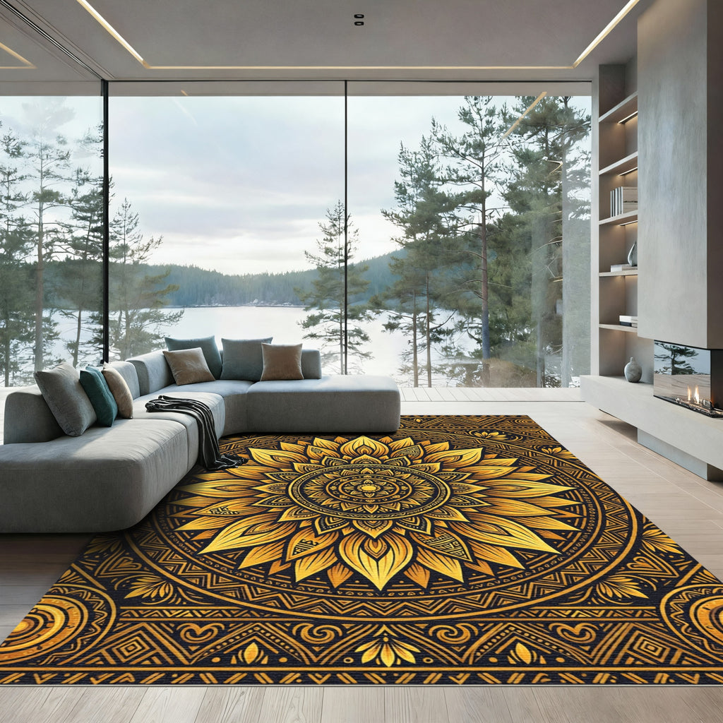 Golden Sunburst Mandala Geometric Art Rug