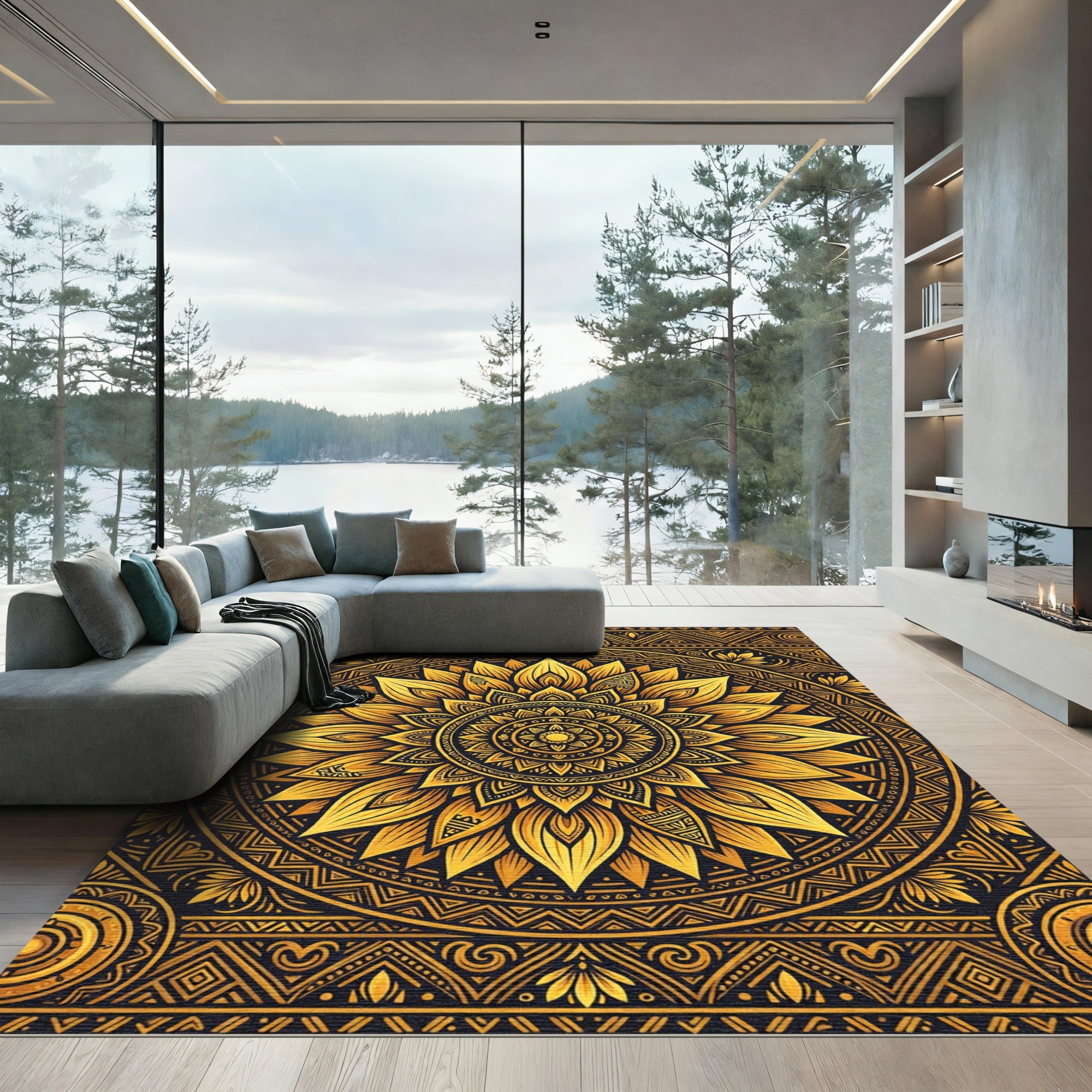 Golden Sunburst Mandala Geometric Art Rug