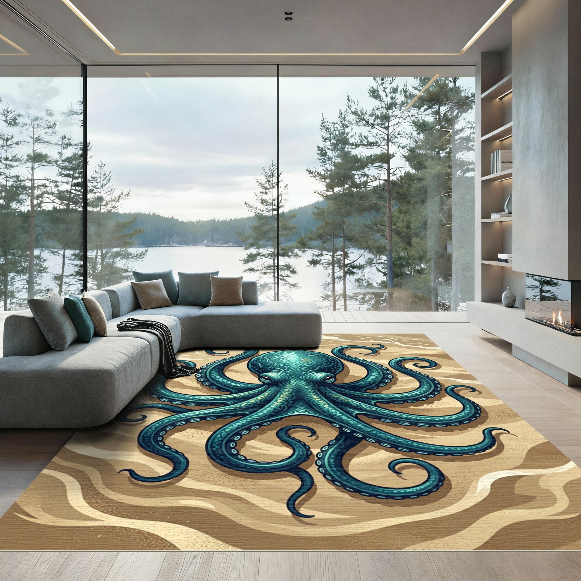 Detailed Teal Octopus Coastal Deep Sea Rug