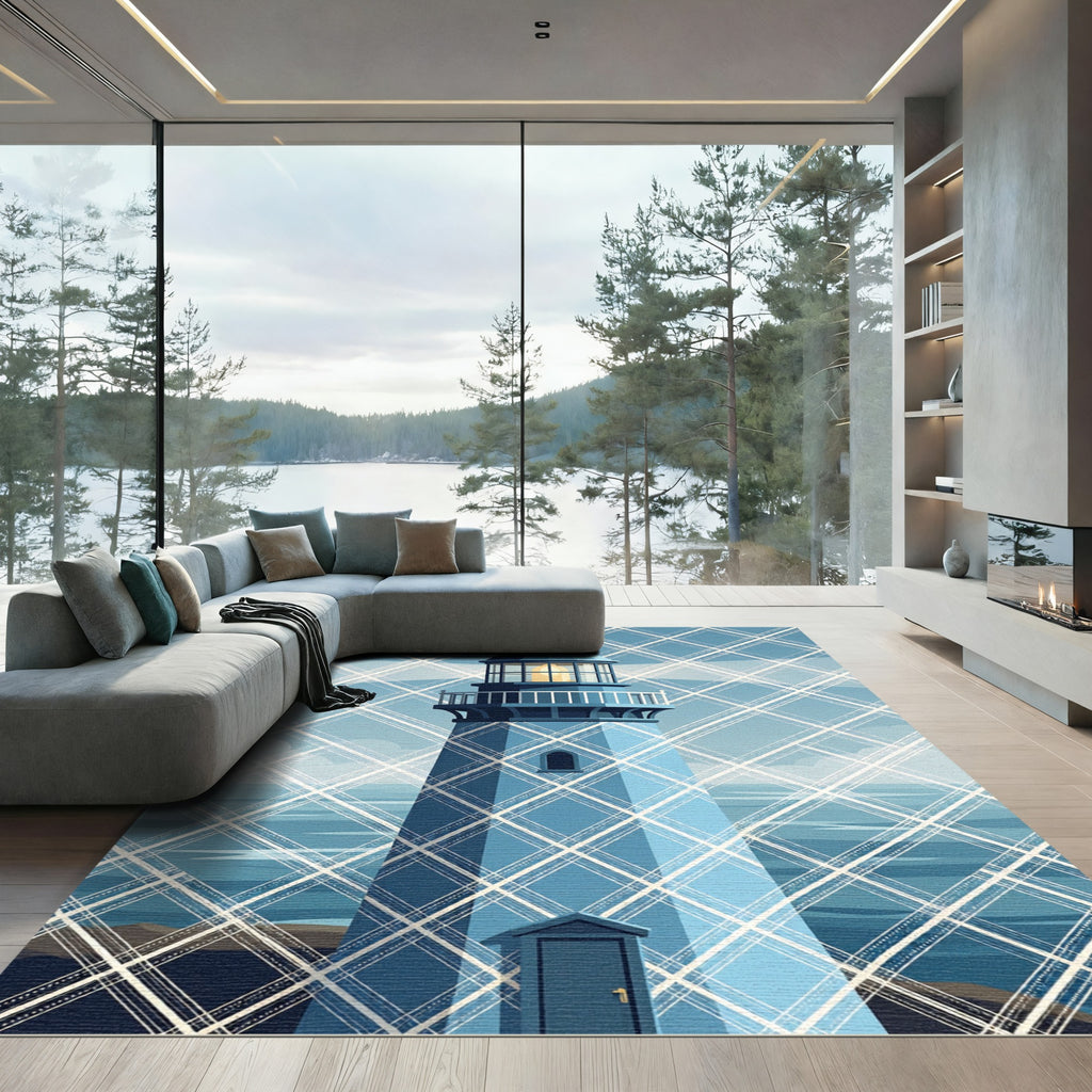 Blue Plaid Lighthouse Coastal Art Rug