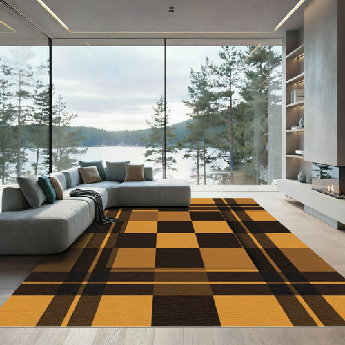 Amber Brown Plaid Squares Rug