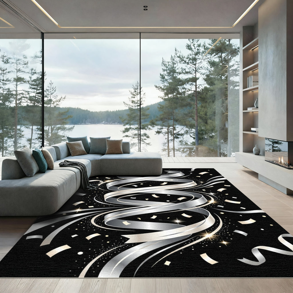 Elegant Silver Swirling Ribbon Celebration Rug