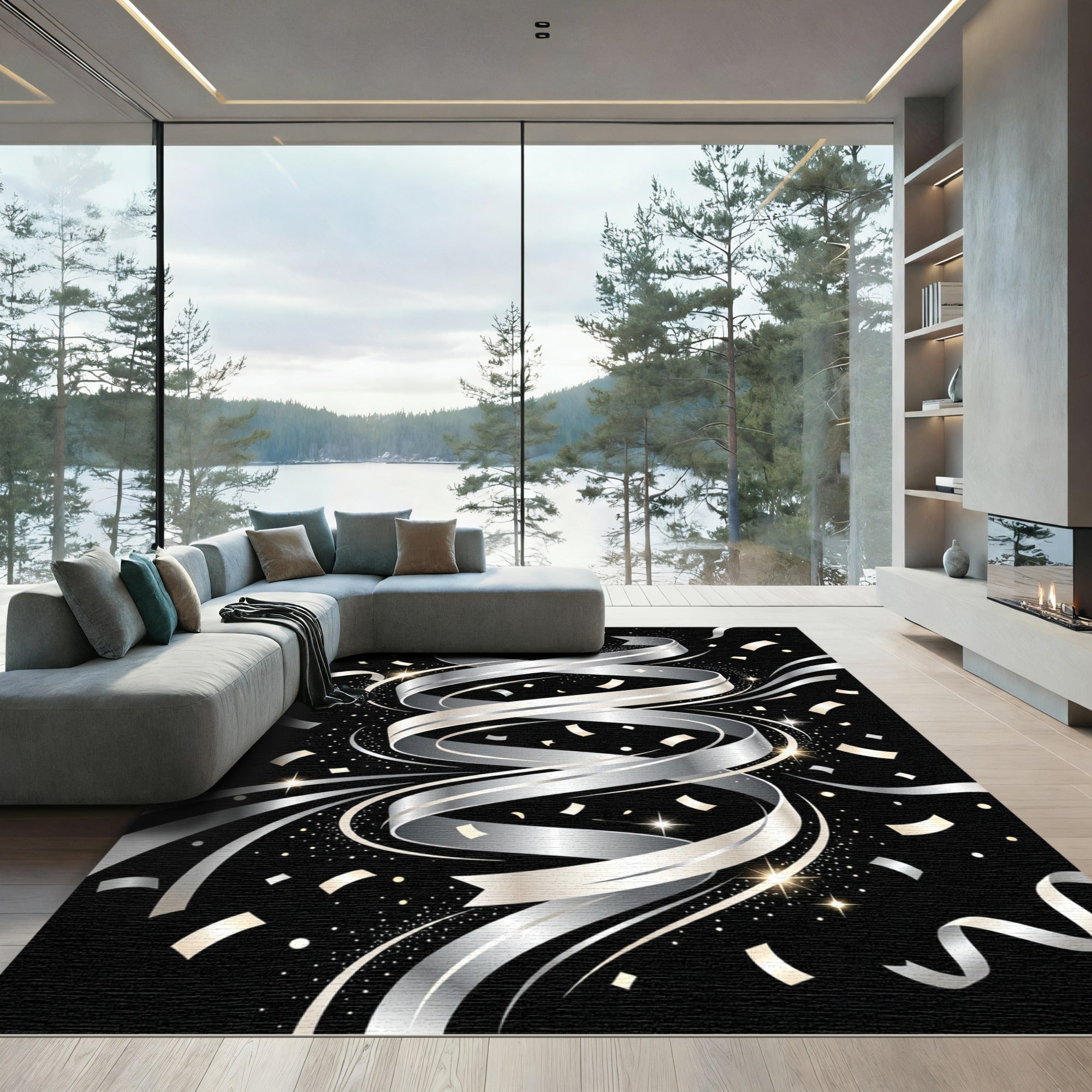 Elegant Silver Swirling Ribbon Celebration Rug
