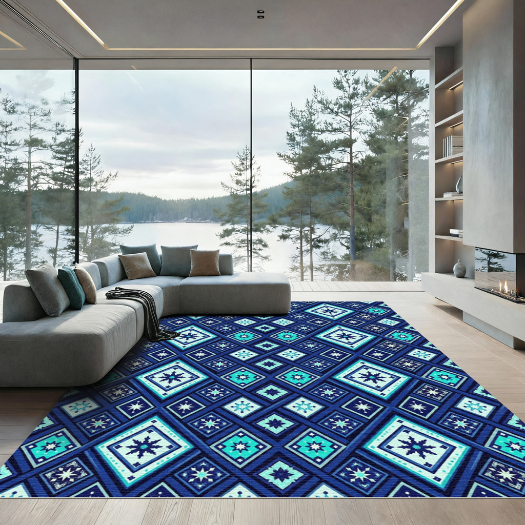 Midnight Blue Geometric Star Diamond Rug