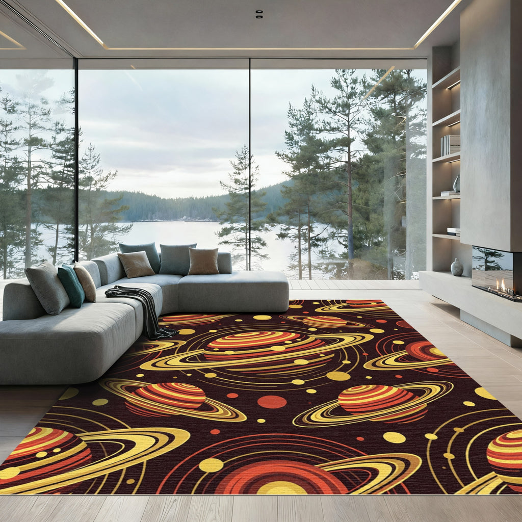 Retro Saturn Ringed Planets Abstract Rug