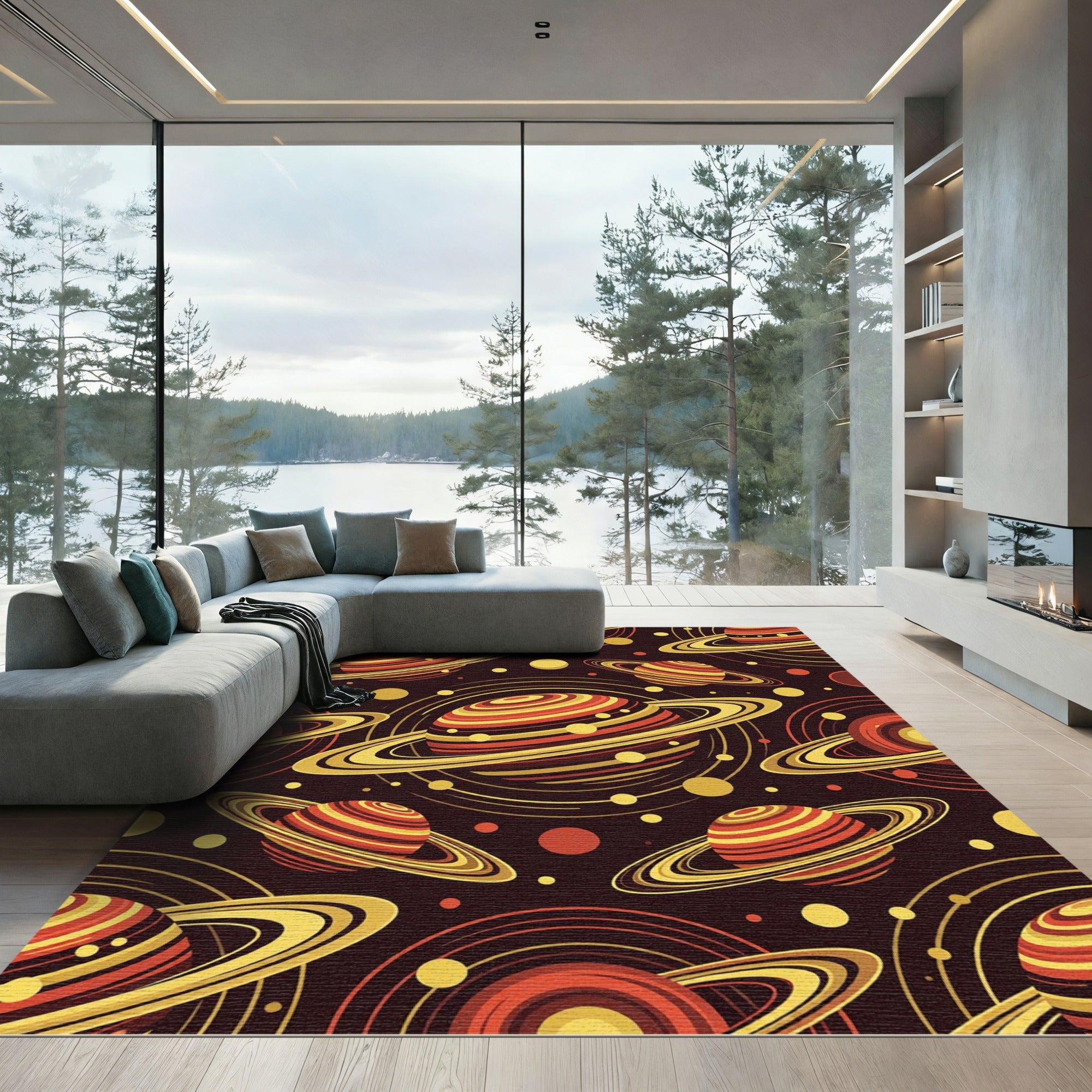 Retro Saturn Ringed Planets Abstract Rug