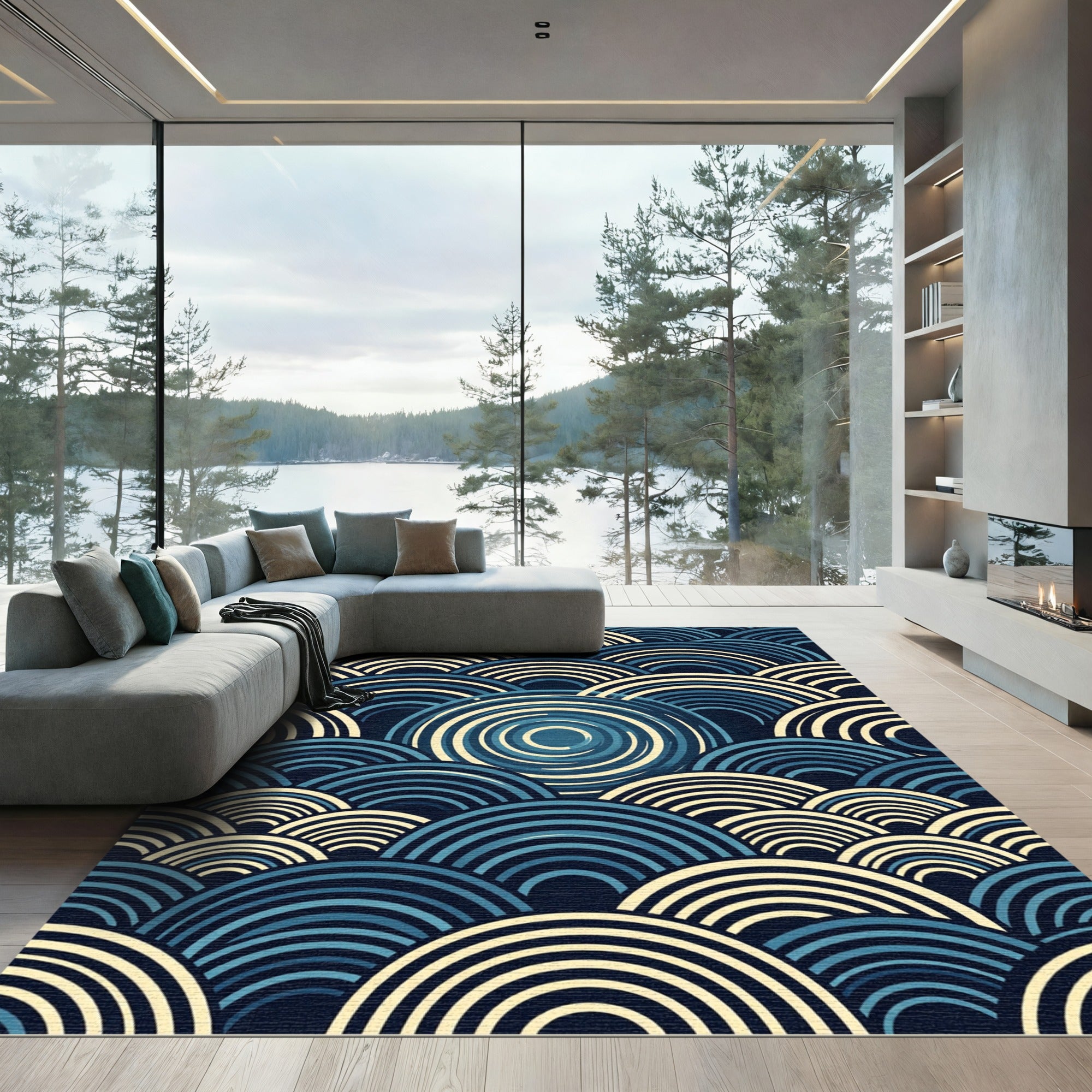 Modern Navy and Cream Geometric Wave Rug