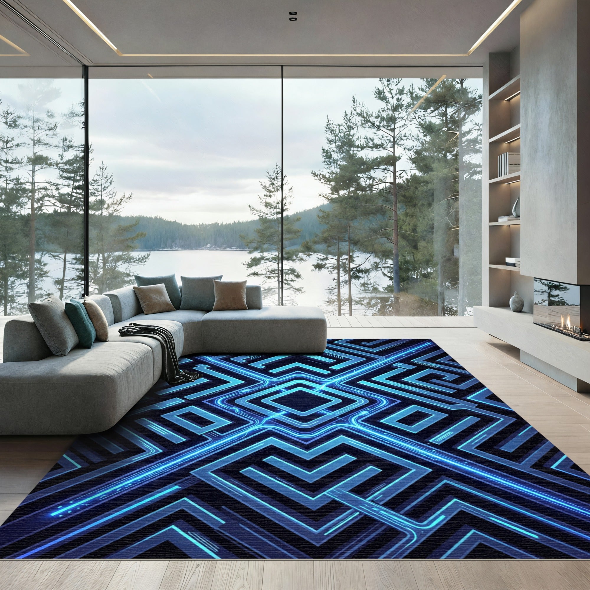 Neon Blue Cyber Geometric Labyrinth Rug