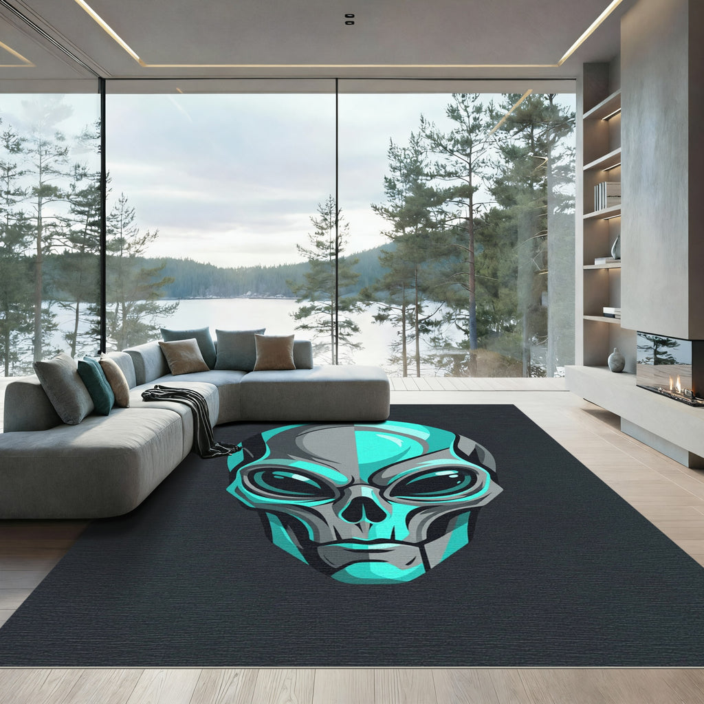Cyan Alien Head Minimalist Grayscale Art Rug
