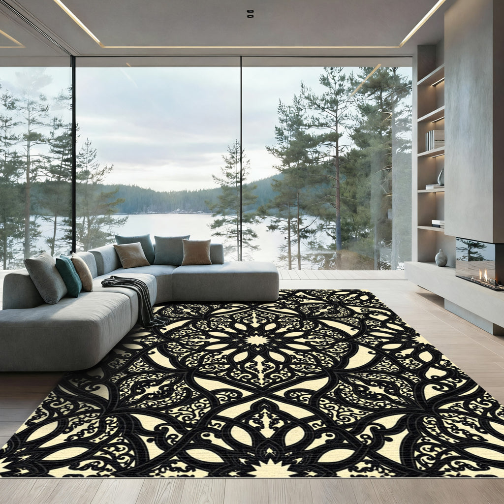 Elegant Black and Cream Filigree Scroll Rug