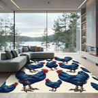 Vibrant Blue Rooster Flock Illustration Rug