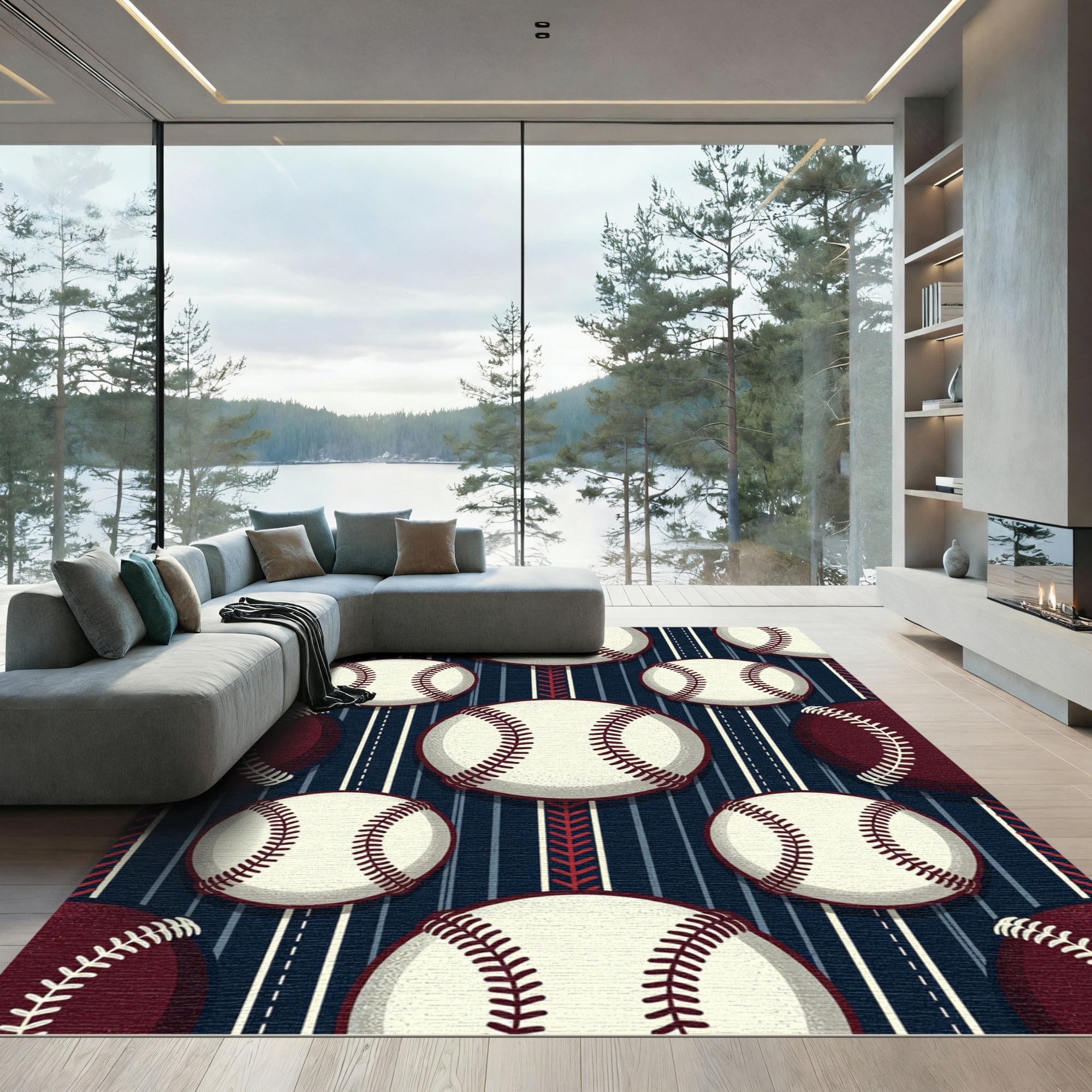 Classic Baseball Striped Navy Dark Red Rug