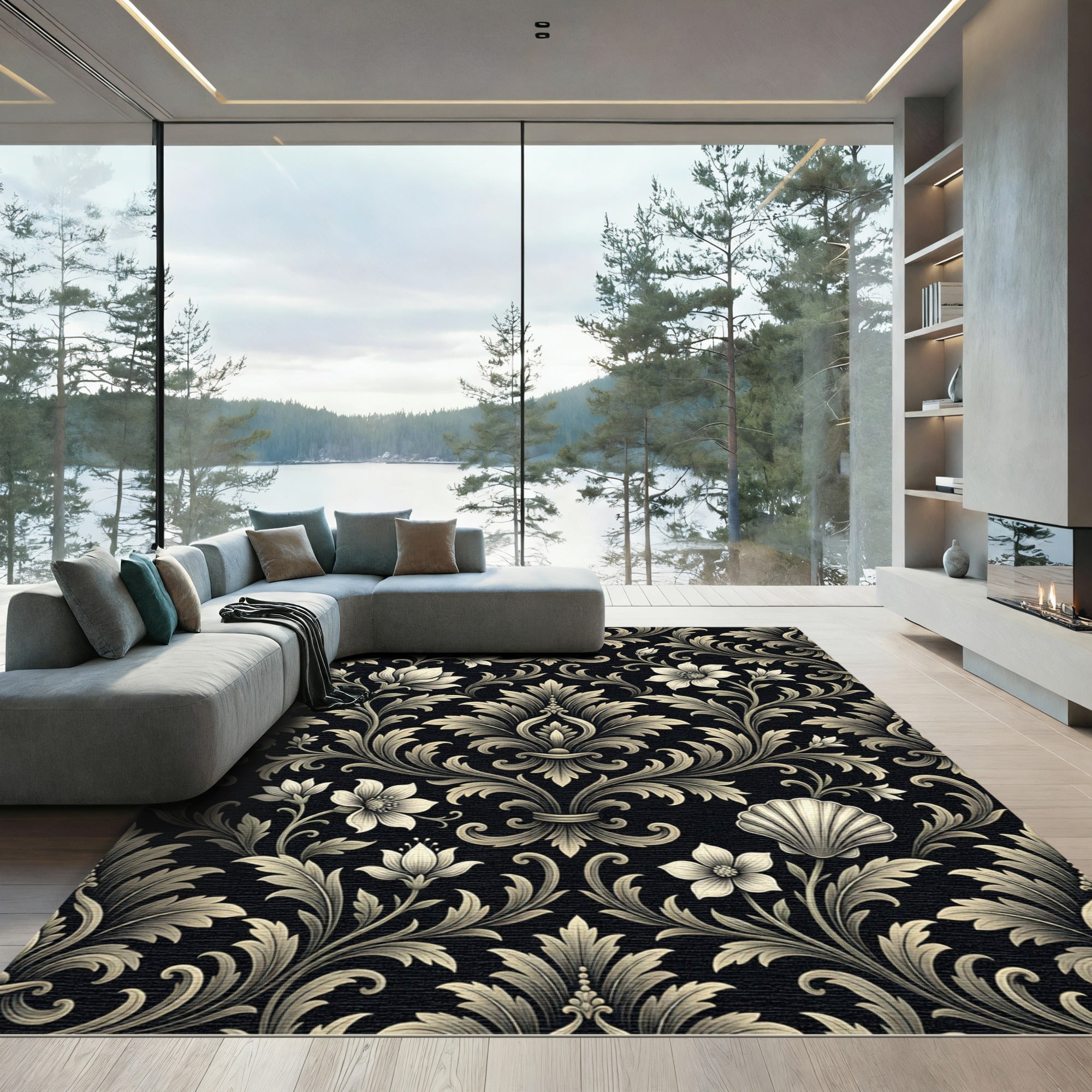 Black Ivory Classic Floral Scroll Rug