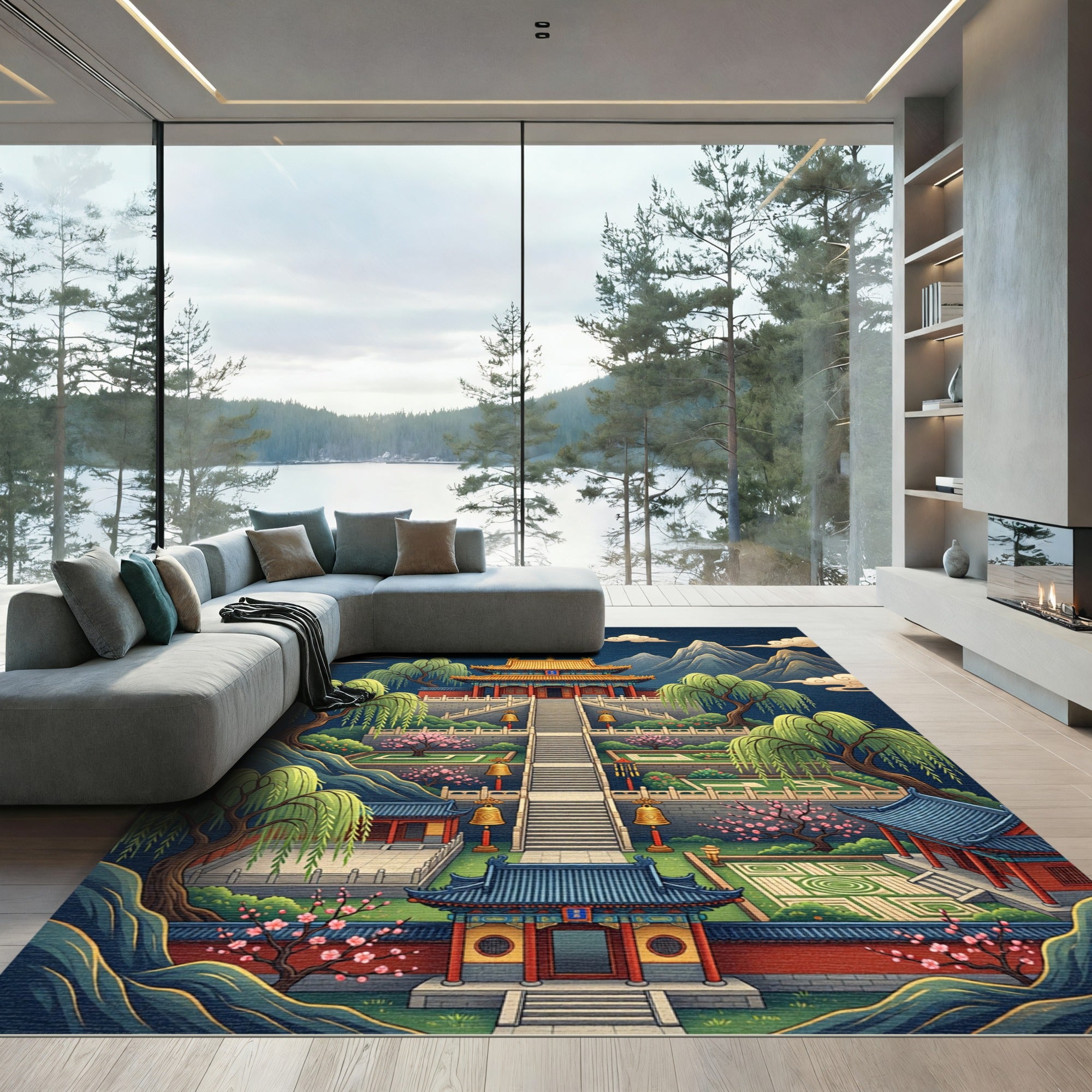 Golden Pagoda Mountain Landscape Scene Rug