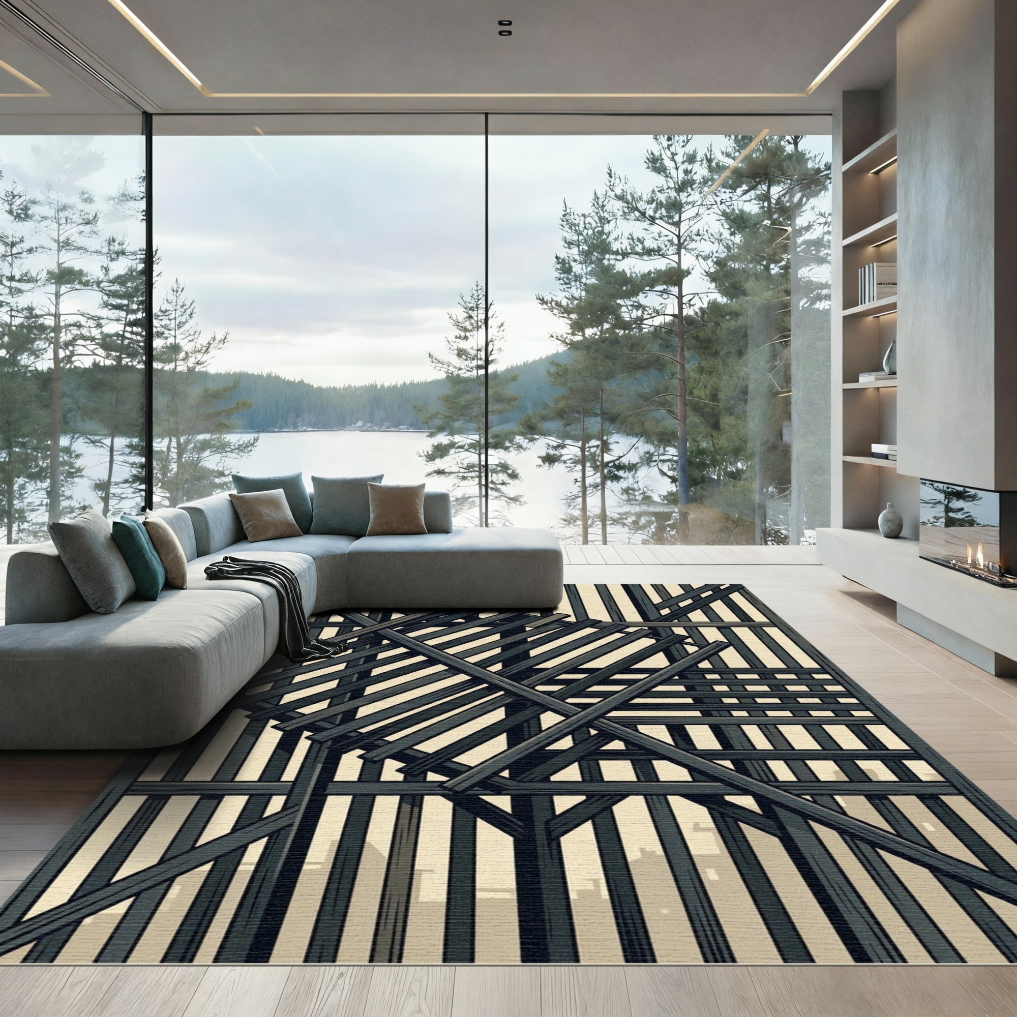 Dark Gray Timber Frame Abstract Rug