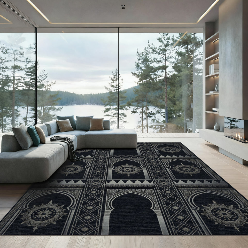 Black Silver Arched Medallion Pattern Rug
