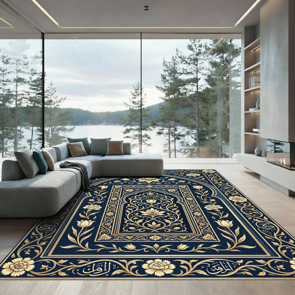 Ornate Gold Floral Midnight Blue Arch Rug
