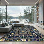 Ornate Gold Floral Midnight Blue Arch Rug