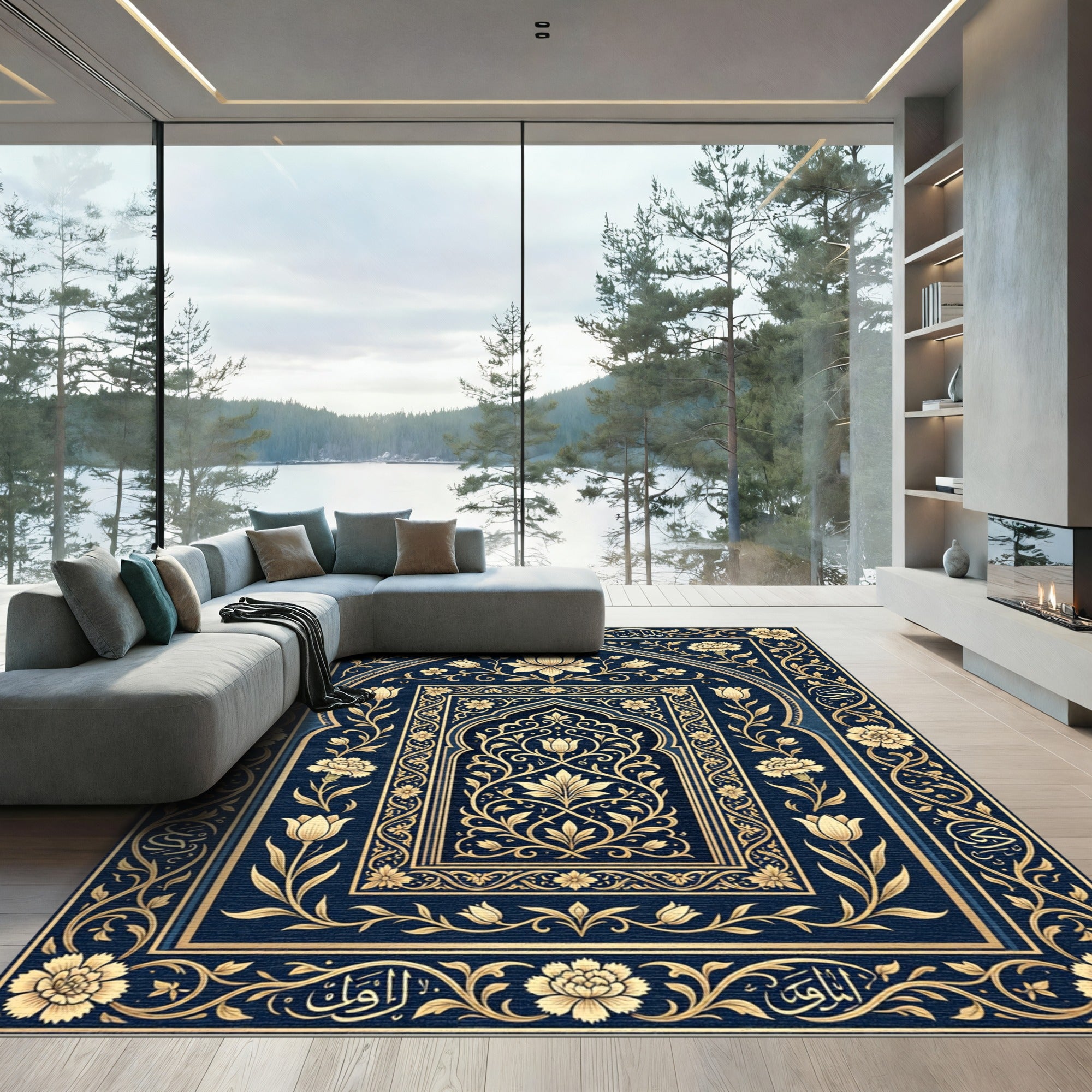 Ornate Gold Floral Midnight Blue Arch Rug