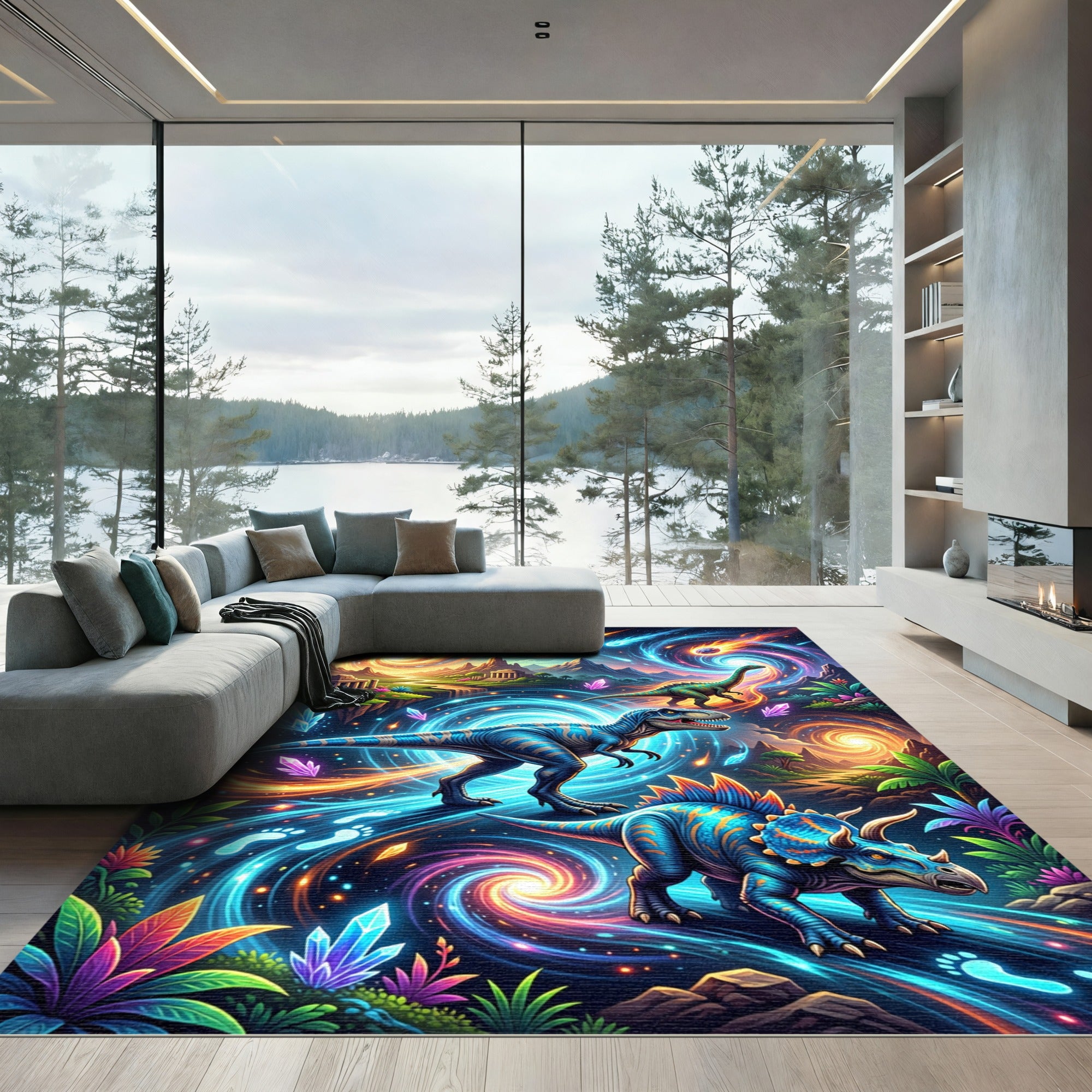 Cosmic Neon Dinosaur Galaxy Landscape Rug