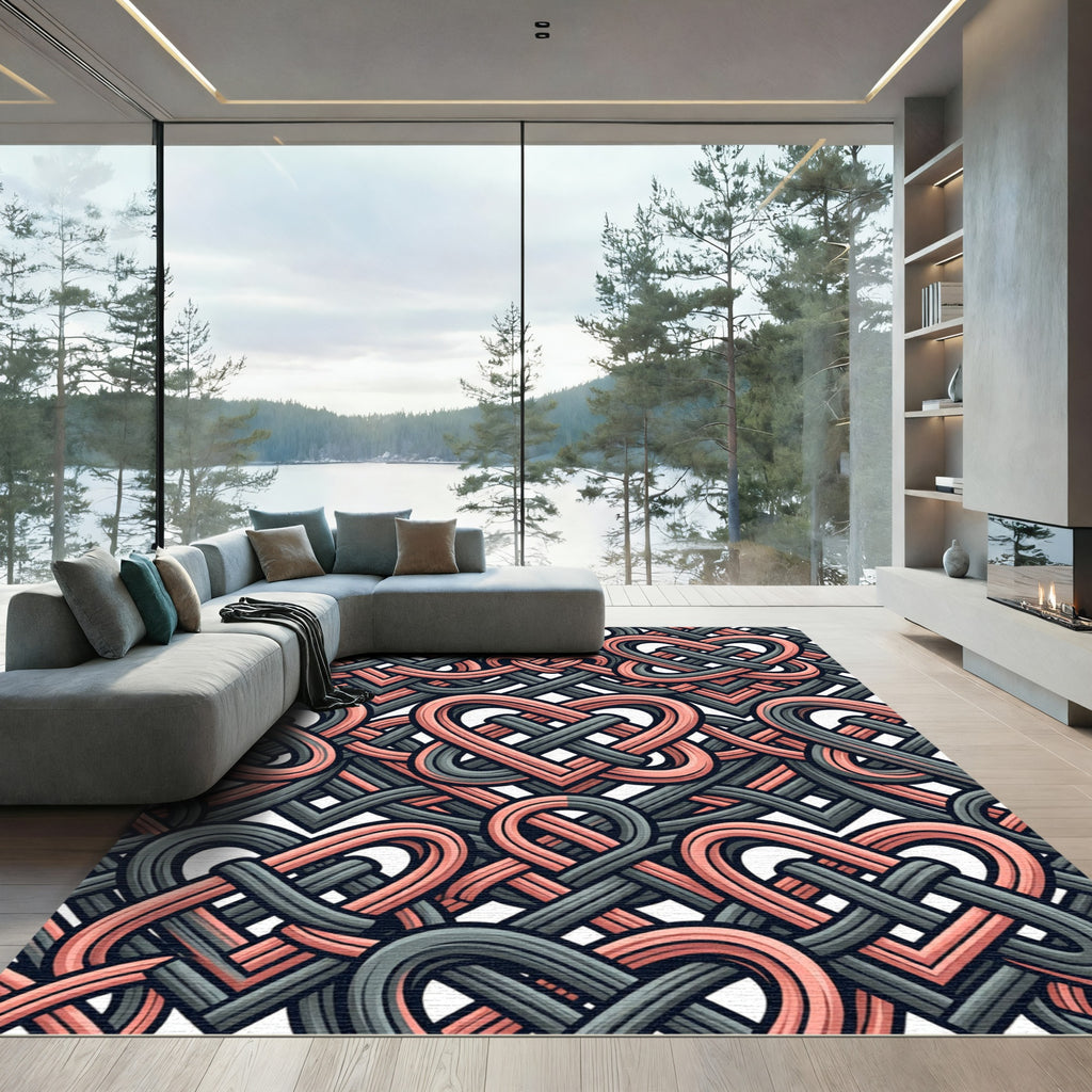 Intertwined Coral and Charcoal Heart Knot Rug
