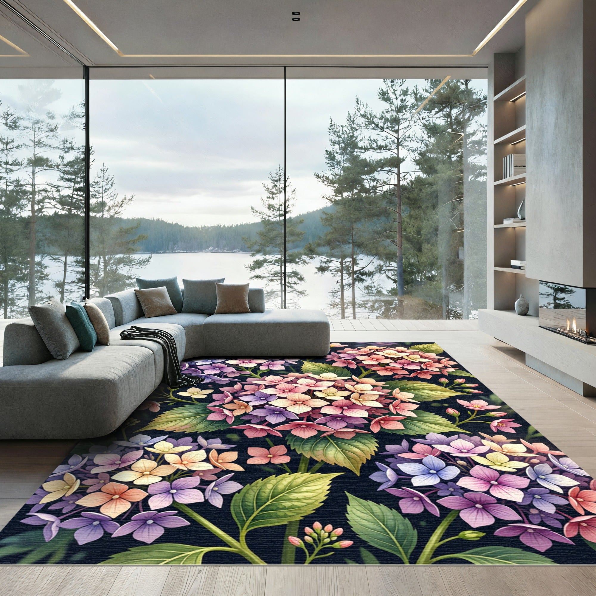 Vibrant Watercolor Hydrangea Floral Garden Rug