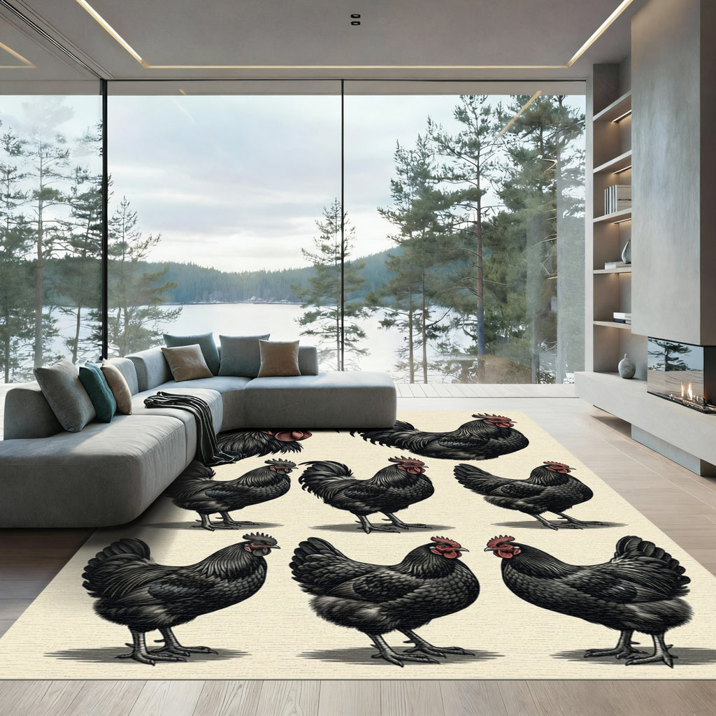 Striking Monochrome Gallus Rooster Assemblage Rug