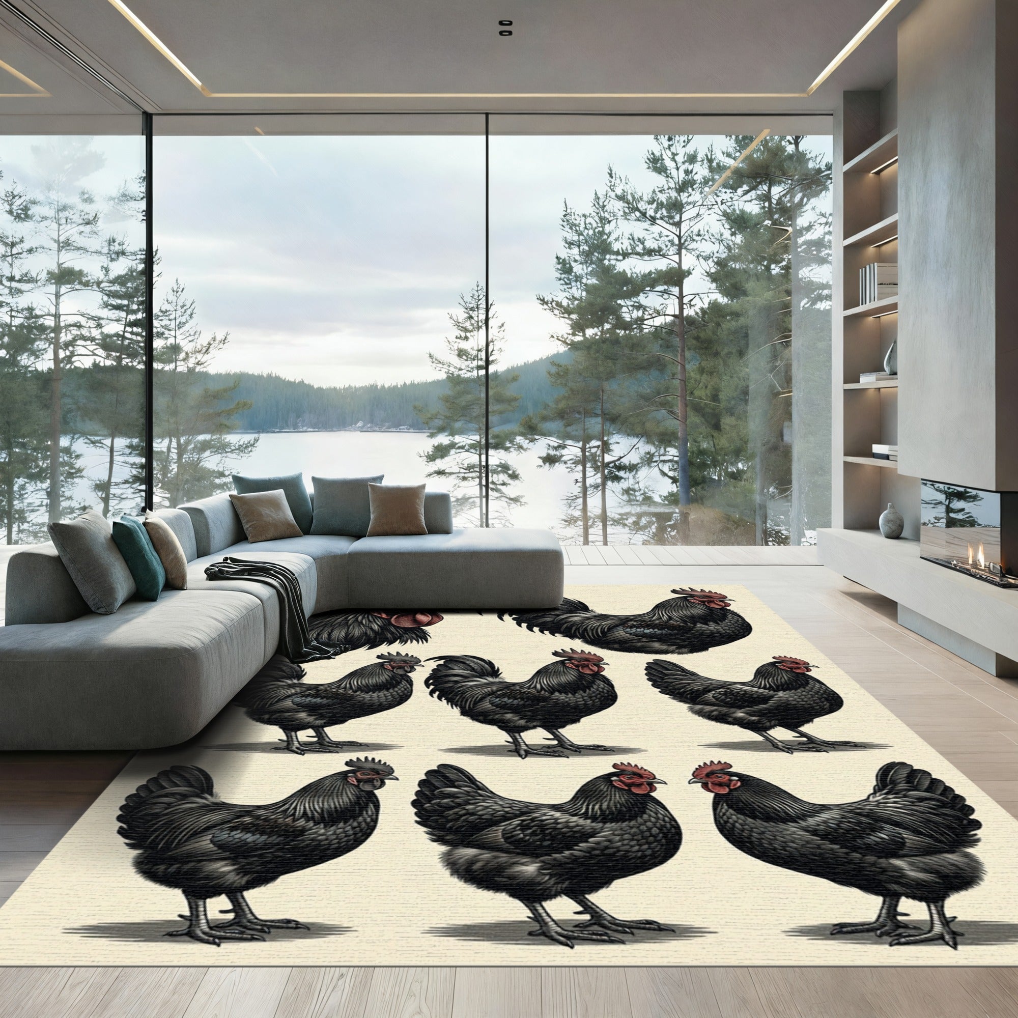 Striking Monochrome Gallus Rooster Assemblage Rug