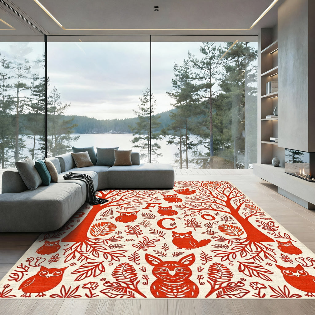 Red Owl Woodland Tree Alphabet Rug
