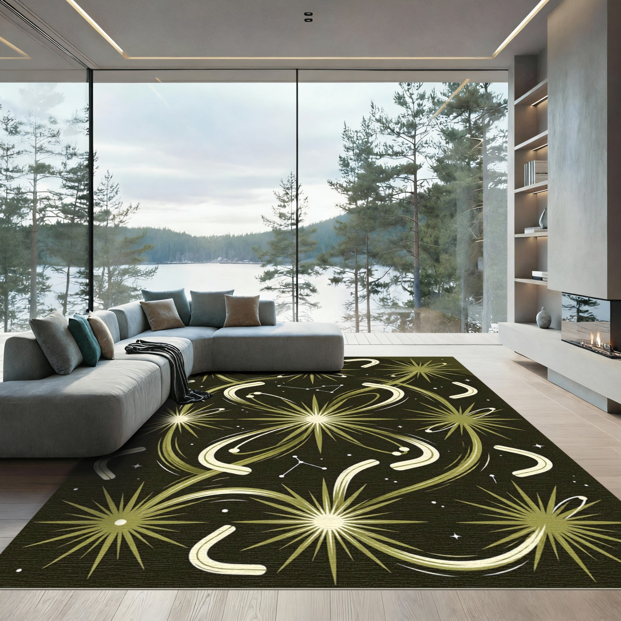 Olive Celestial Starry Constellation Area Rug