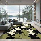 Olive Green Geometric Jigsaw Puzzle Rug
