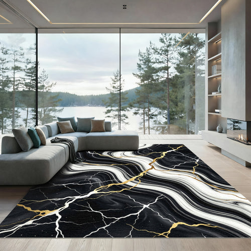 Black and White Marble Gold Vein Rug