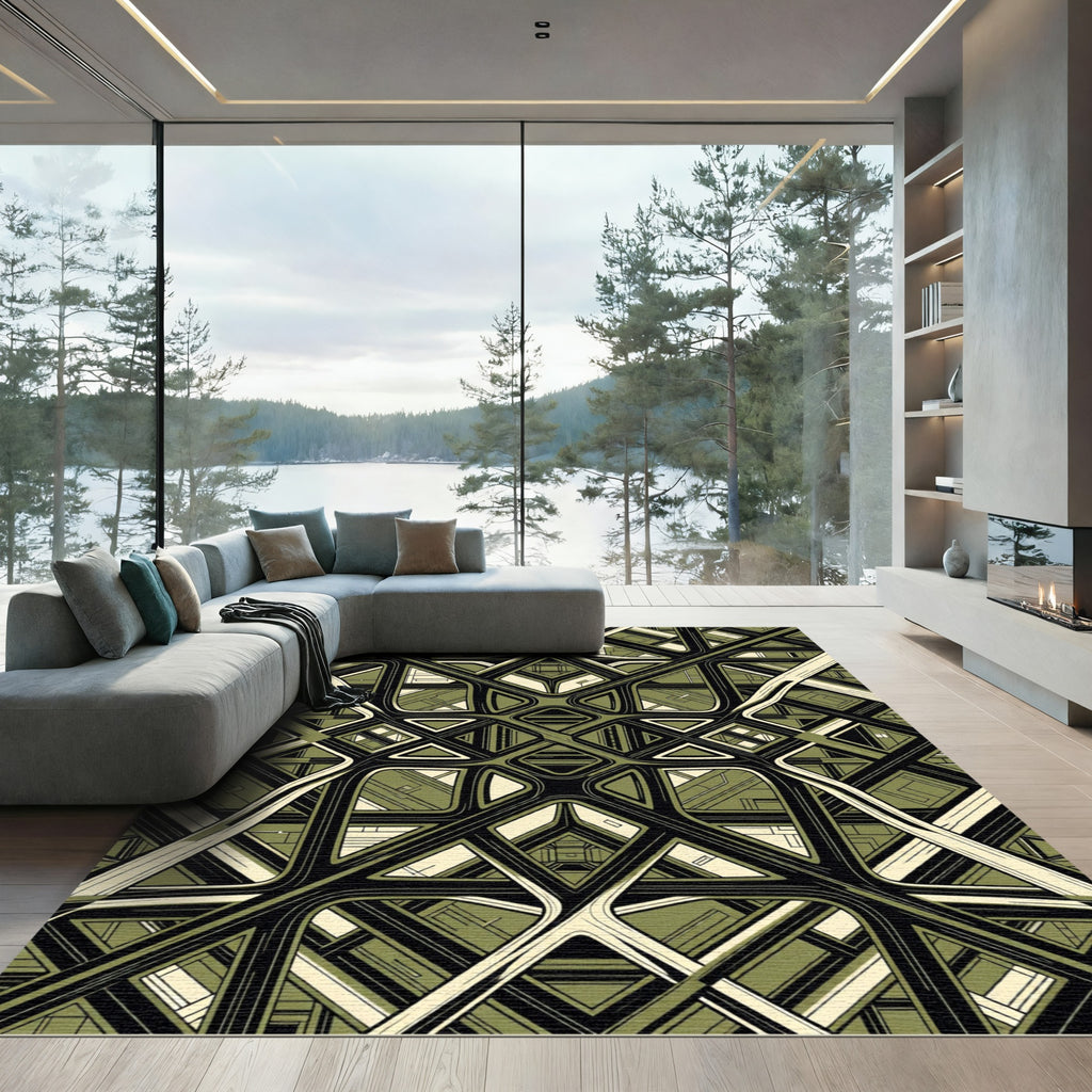 Olive Geometric Modern Architectural Grid Rug