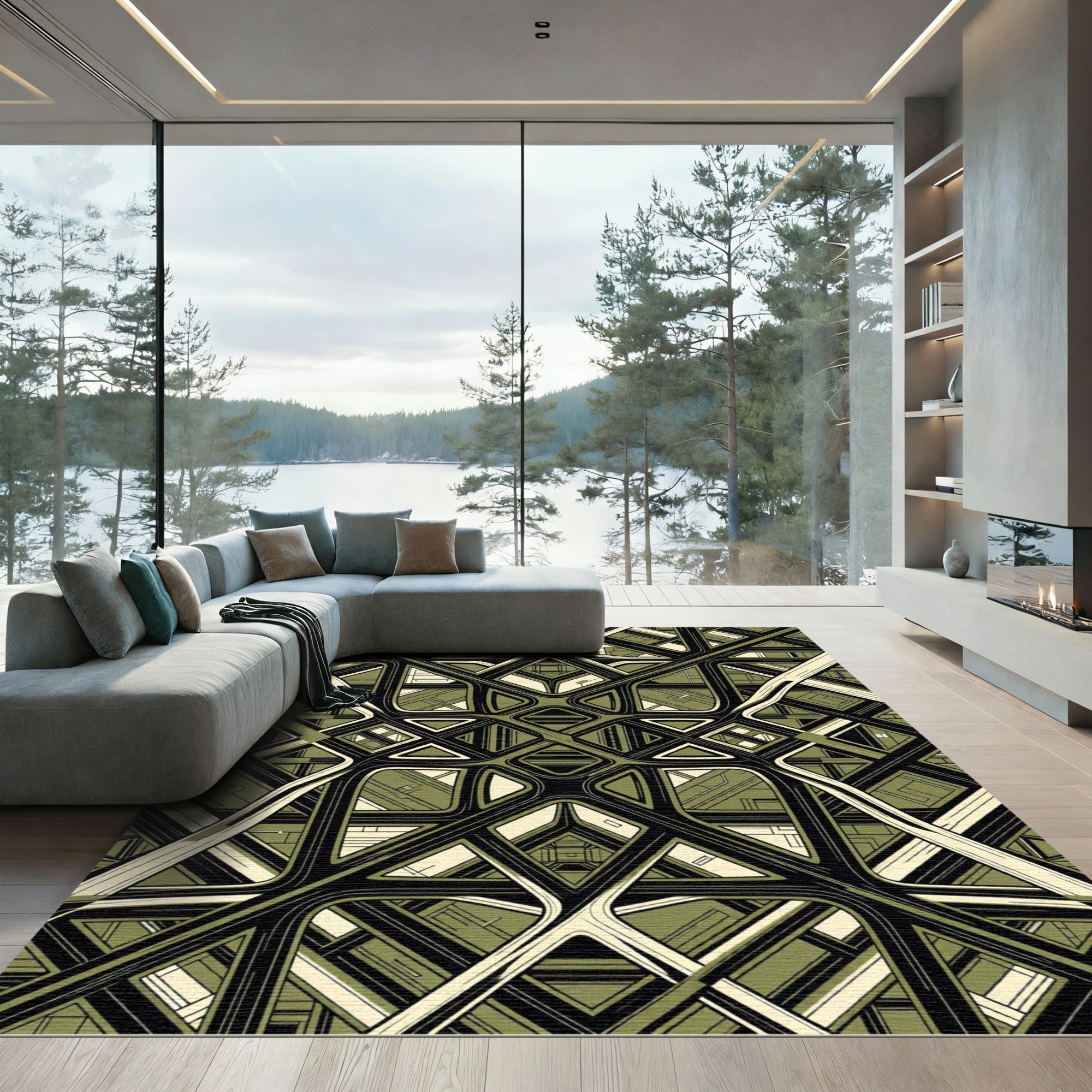 Olive Geometric Modern Architectural Grid Rug