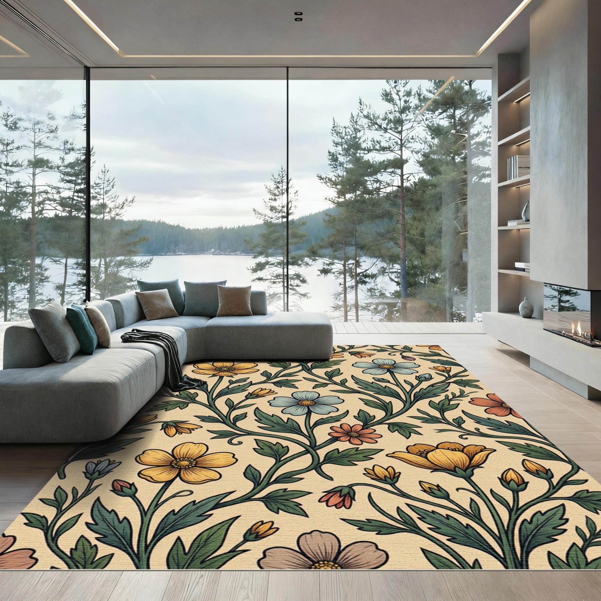 Vintage Golden Floral Meadow Vine Rug