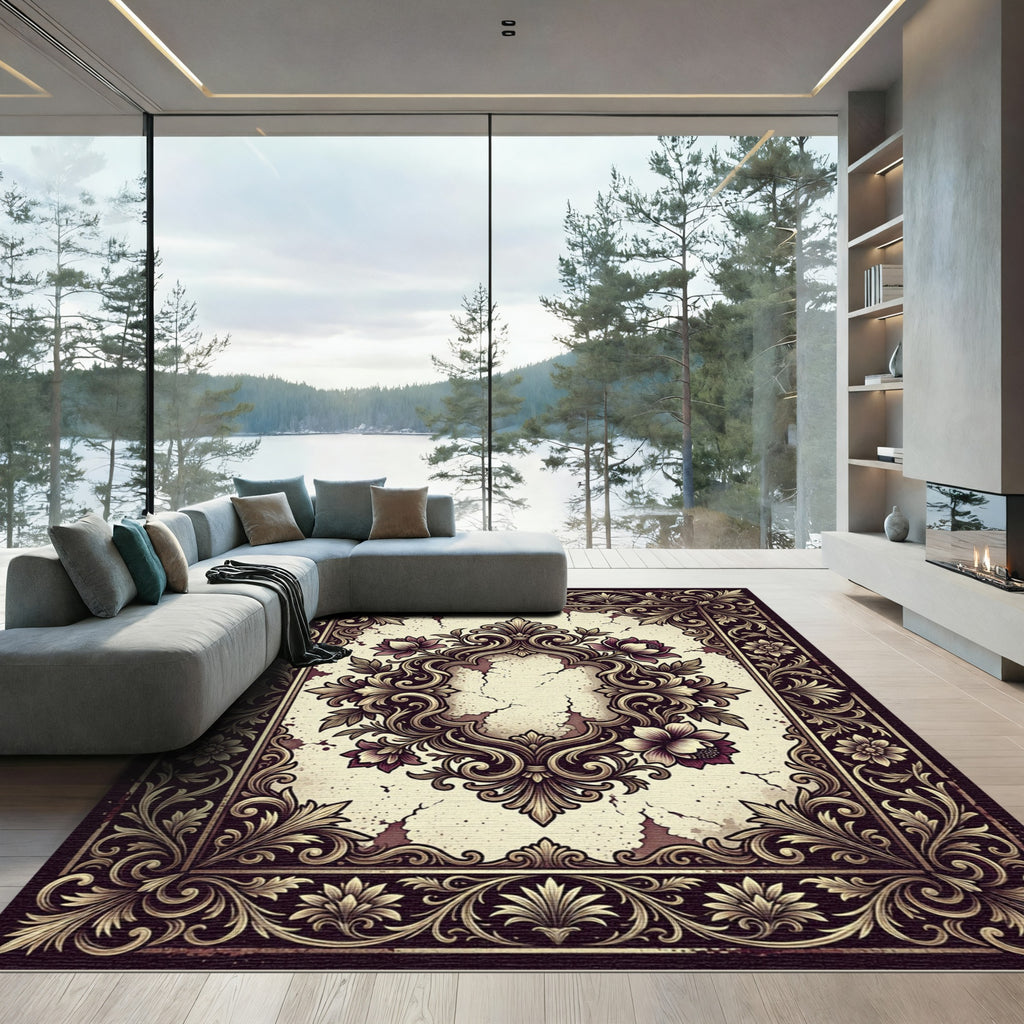 Ornate Gold Floral Medallion Rug