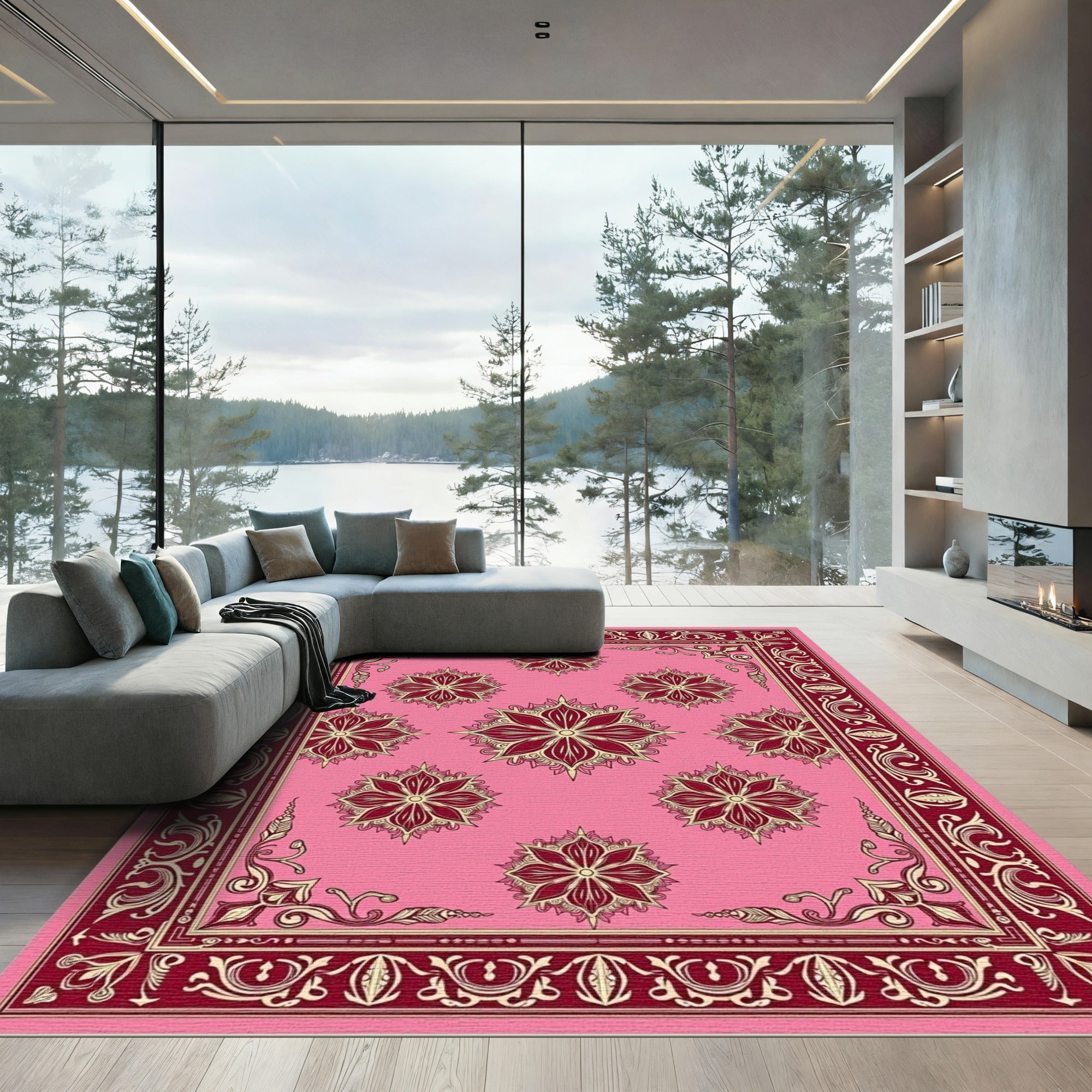 Crimson Bloom Arrangement Pink Field Rug