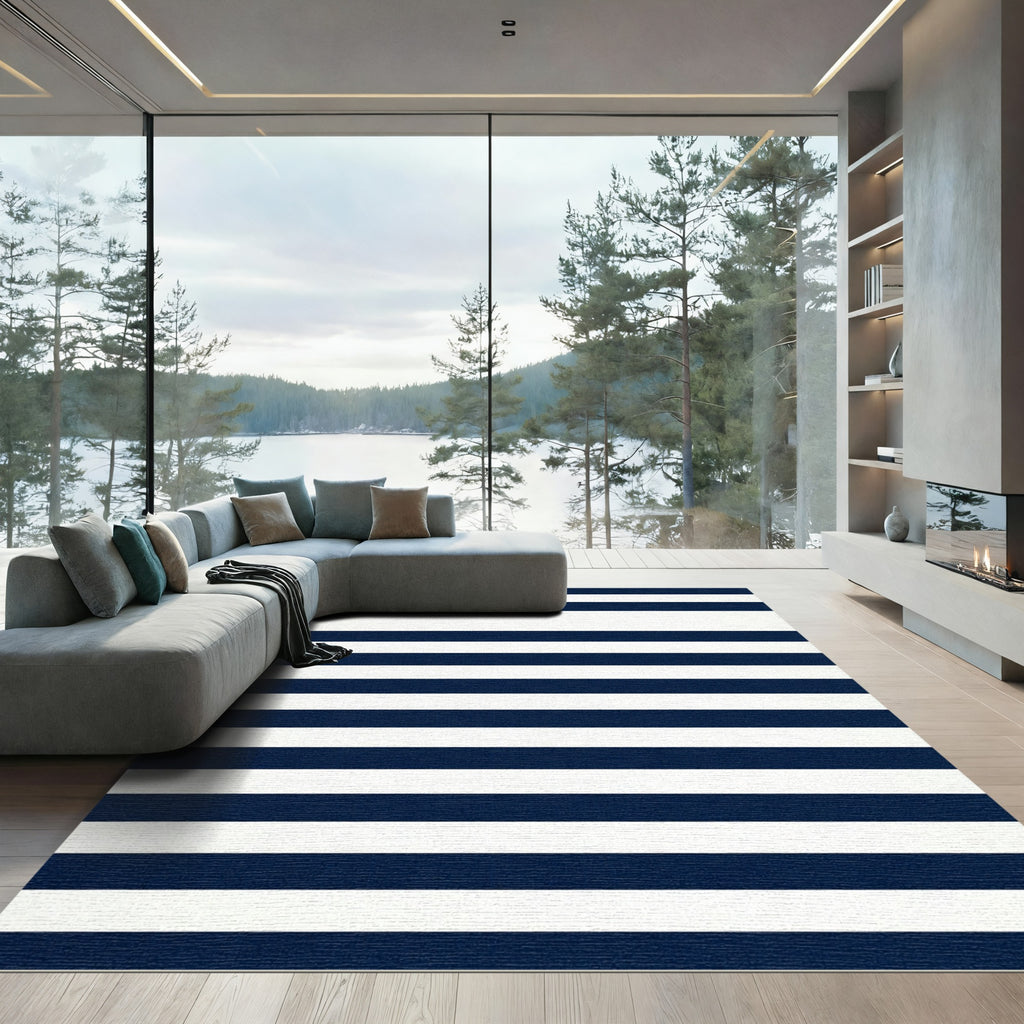 Classic Navy Blue Horizontal Stripe Rug