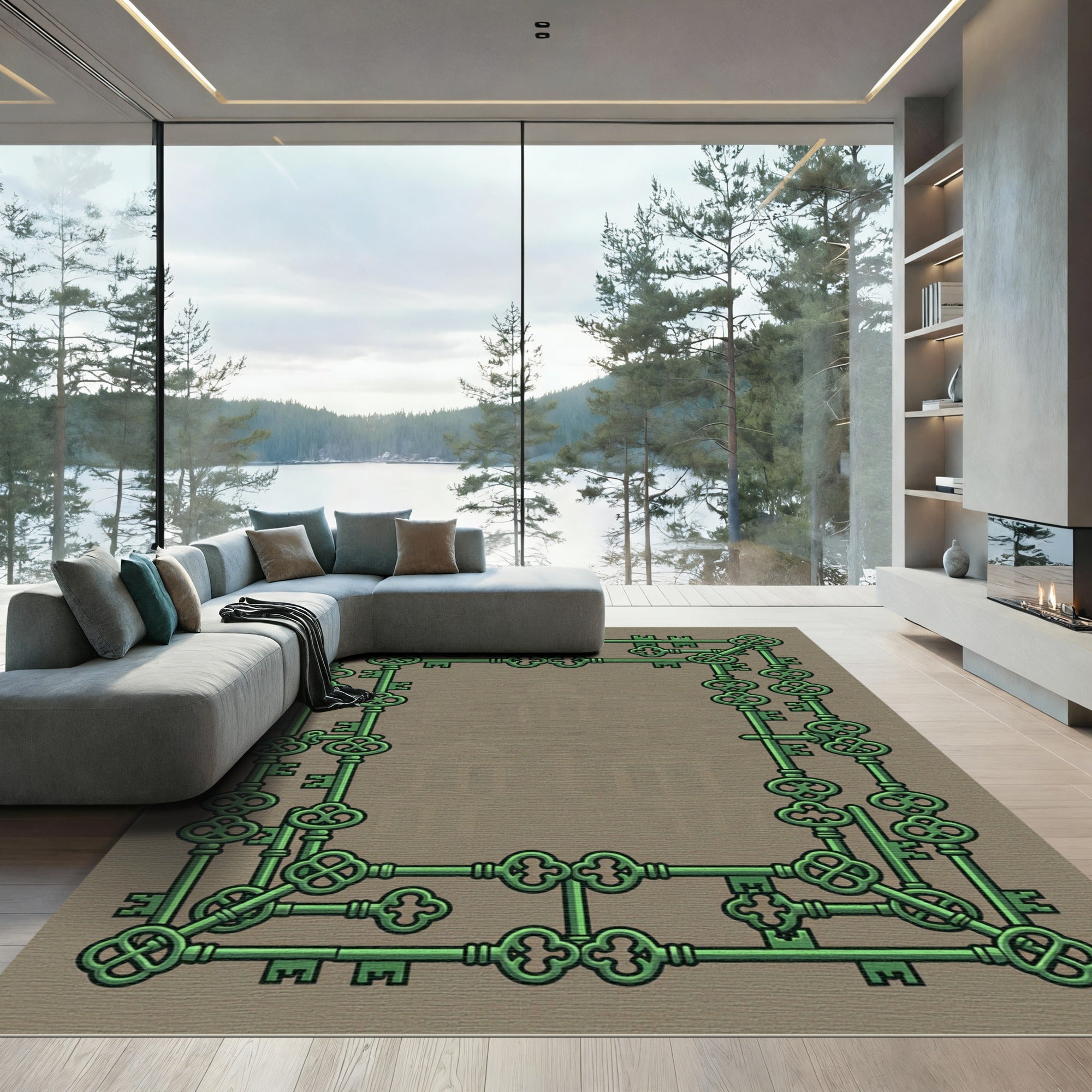 Green Key Border With Ornate Details Rug