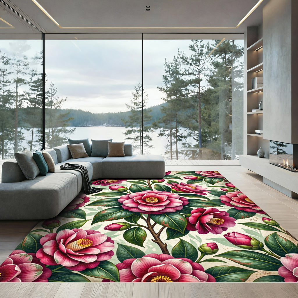Romantic Pink Camellia Botanical Blossom Rug