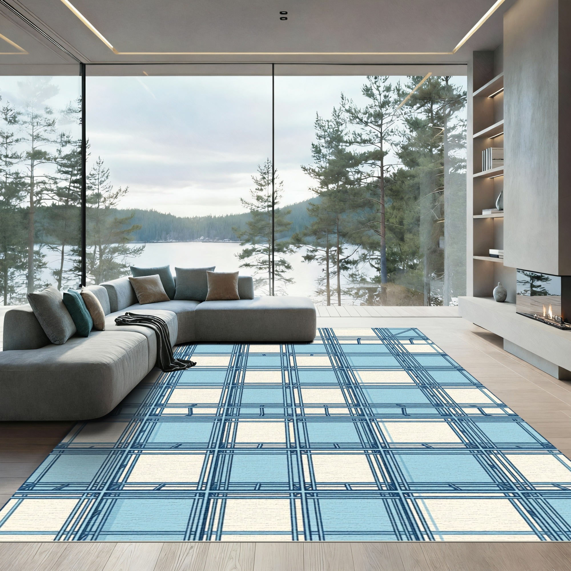 Geometric Blue and Cream Grid Rug